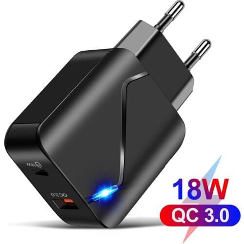 PD 18W QC3.0 Quick Charger Adapter USB Type-C 5V 3A Illuminated Fast Charger Mobile Phone 5 Volt Power Adapter Travel EU US Plug