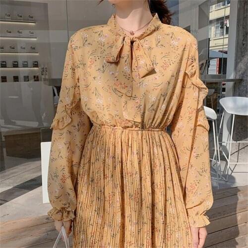 A-Line Chiffon Bow Female Dress Print Vintage Lace Up Pleated Spring Dress High Waist Butterfly Sleeves Casual Knee-Length Dress