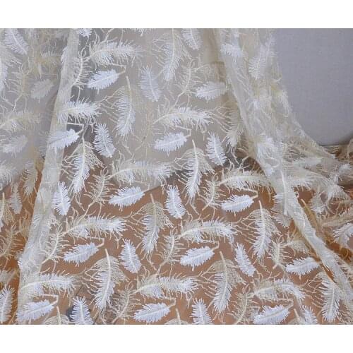 High quality mesh fabric Three dimensional white gold thread embroidery feather tissu High end clothing, skirt patchwork