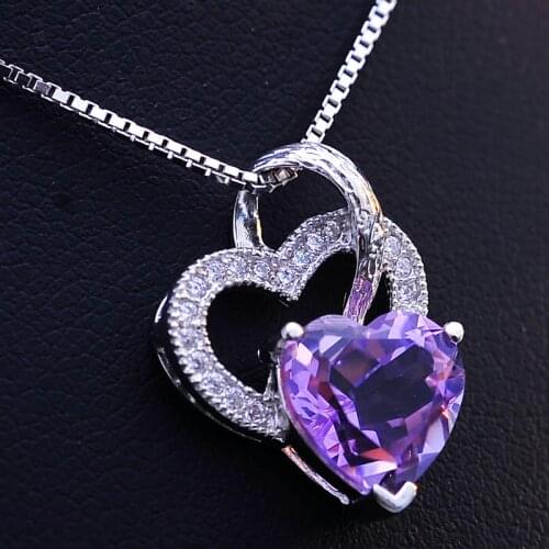 High Quality Shinny Double Heart Purple Crystal Pendants Necklaces 925 sterling silver Jewelry Brical Wedding Necklace