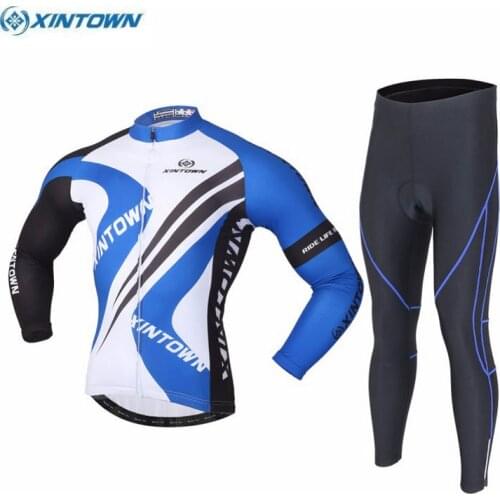 XINTOWN Men Ropa Ciclismo Team Cycling Long Sleeve Jersey Bib Pants Set Bike Bicycle Sportswear Clothing Blue