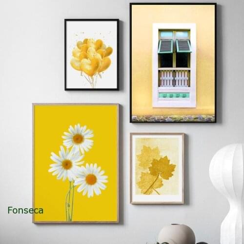 Yellow Daisy Ginkgo Tree Maple Leaf Balloon Poster Wall Art Canvas Painting Nordic Fashion Wall Pictures For Living Room Decor