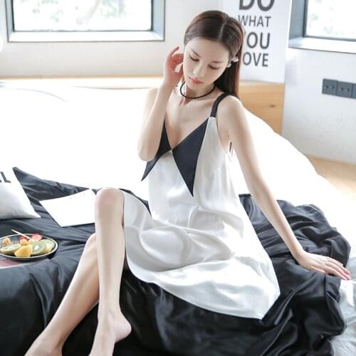 Color Contrast Lady Satin Nightgown Sexy Strap Top Nightdress Loose Knee-Length Sleepshirt Skirt Summer Underwear Home Dressing
