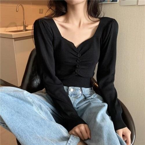 French V-neck T-shirt for women 2021 autumn new slim waist short style with long sleeve base coat