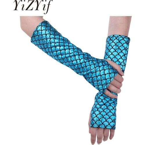 YiZYiF Women Mermaid Arm Sleeves Fish Scale Pattern Printed Fingerless Long Gloves Arm Sleeves Adult Halloween Costume Accessory