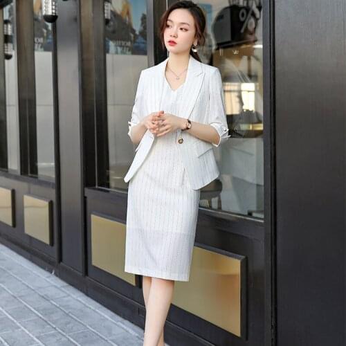Fashion White Striped Blazer Women Dress Suit Ladies Business Work Wear Uniforms Half Sleeve Clothes