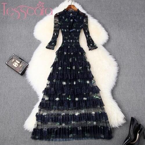 TESSCARA Women Runway Designer Luxury Cascading Ruffle Dress Festa High Quality Vintage Long Lace Party Robe Cocktail Vestidos