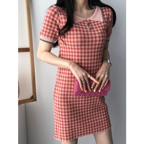 New Spring Autumn Plaid Print Vintage Knitted Female Dress Short Sleeve Mini Women Dresses Casual Sweet Party Dress