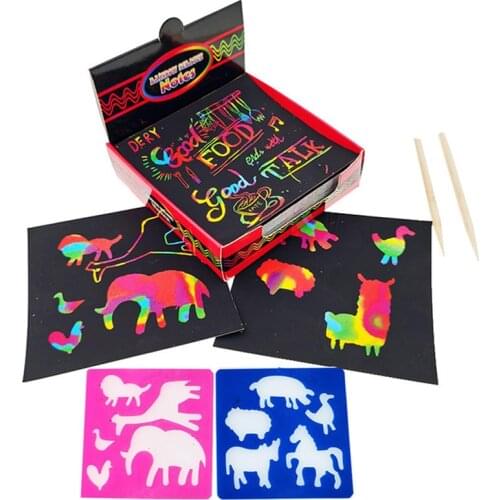 100Pcs 85mm Magic Color Rainbow Scratch Paper Black DIY Drawing Toys Scraping Painting Note Book Kid Doodle