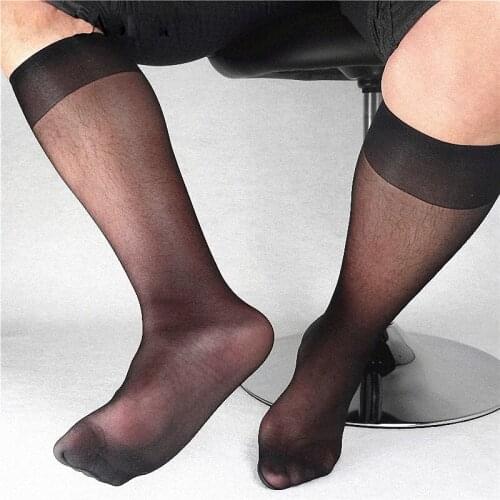 12PCS=6 pairs black Nylon knee high stockings mens summer ultra thin mens business crew dress breathable Sexy socks