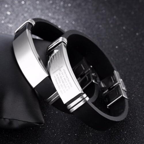 Fate Love Genuine leather silicone with Black Stainless steel Shiny ID bracelet Bangle 14mm 8.05