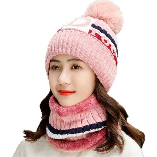 Brand New Outdoor Cycling Windproof Bonnet Wool CapsLetter Knitting Hats Women Velvet Thick Beanie Skullies Hat Bib Suit Female