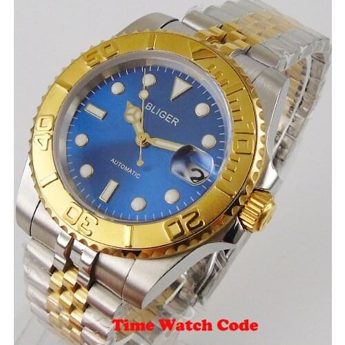 40mm Bliger Mechanical Automatic Movement Mens Wristwatch Blue Dial Jubilee Sapphire Date indicator luminous roating bezel