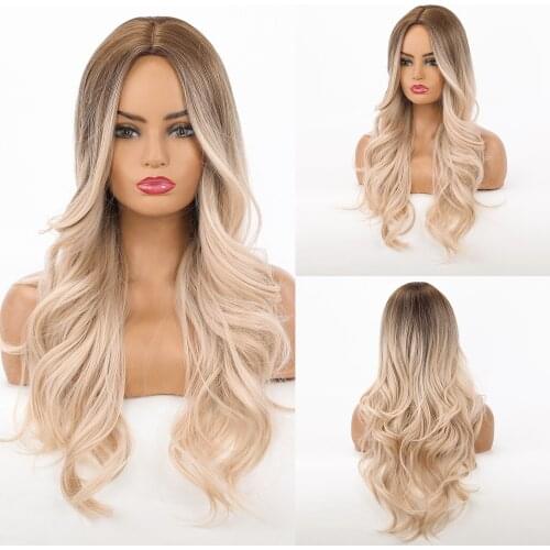 Long Wave Wigs Ombre Gray Brown Blonde Highlight Synthetic Wigs for Women Middle Part Cosplay Party Daily Heat Resistant Fiber