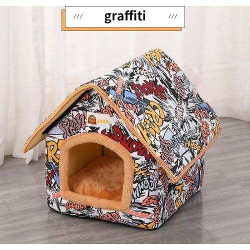 Pet Dog Bed House Winter Warm Cute Print Cushion Foldable Soft Sofa Comfortable Dogs Kennel Cats House Pets Sleeping Supplies