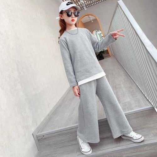 Girls' Suit 2020 Autumn and Winter New Hong Kong-style Loose Wide-leg Pants Two-piece Suit Lazy Wind Big Kids Sweatshirt Trendy