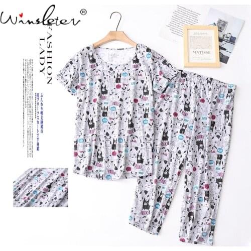 Summer 2021 Women Pajamas Cute Cotton Dog Print Pajama Set Top + Capris Elastic Waist Plus Size 3XL Lounge Sleepwear T15419A