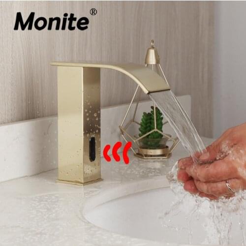 Monite Brushed Golden Bathroom Automatic Hands Touch Free Sensor Faucets Hot & Cold Basin Sink Mixer Tap Faucets Mixers & Taps