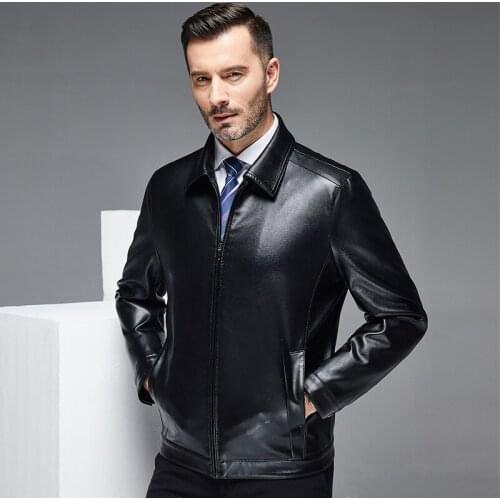 2021 Haining new sheepskin mens motorwear short slim stand collar leather jacket