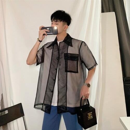 Men Shirts Korean Oversized Shirt Men New 2021 Summer Half Sleeve Mesh Shirt Men High Street Fashion Solid