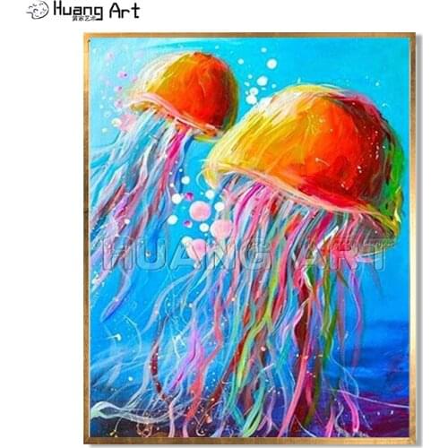 Hand-Painted Beautiful Jellyfish Oil Painting on Canvas for Home Wall Decor Modern Colorful Sea Animals Medusa Acrylic Painting