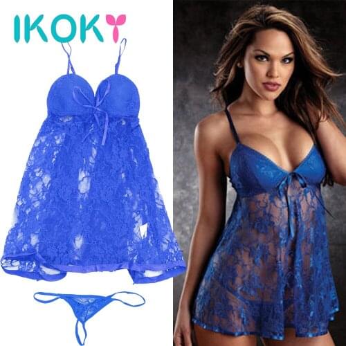 IKOKY Sexy Underwear Strap Sexy Nightdress Womens Dress with G-string Plus Size Sexy Pajamas Suit Lace Babydolls Chemises