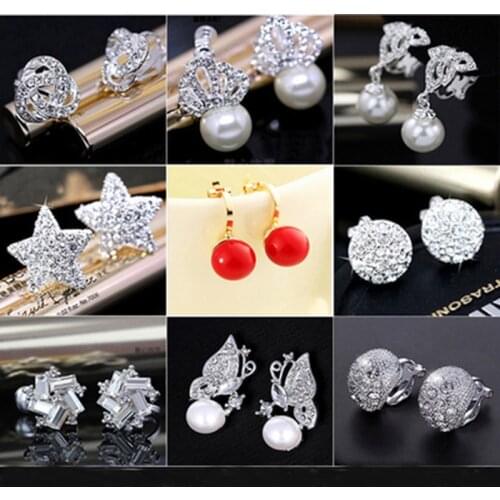 Fashion Jewelry Simulated Pearl Rhinestone Earrings Cute Clip on Earrings Non Piercing Earrings for No Hole Ear Women