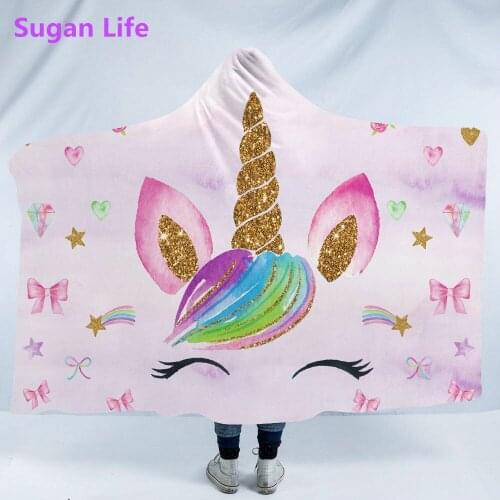 Sugan Life Cartoon Unicorn Hooded Blanket Girl Flower Cloak Child Adult Thick Double Layer Sherpa Wool Wearable Pink Blanket