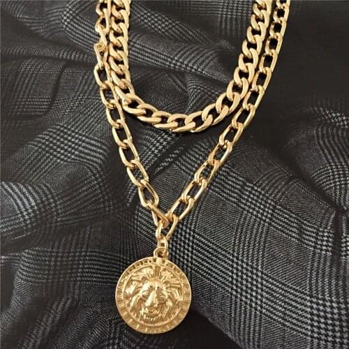 Trendy Gold Color Plating Chunky Chain Layered Engraved Round Pendant Necklace For Women Girl Casual Elegant Jewelry Accessory