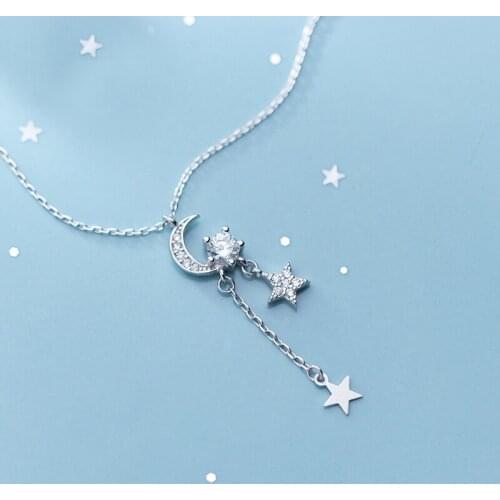 MloveAcc 925 Sterling Silver Dazzling Moon Star CZ Chain Pendant Short Clavicle Necklace for Women Silver 925 Jewelry