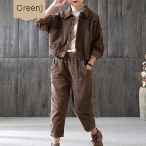 Womens Clothing95 Cotton New Fashion Suit Corduroy Short Coat Loose Casual Jacket Nine-point Pants Two-piece Womens Tracksuit