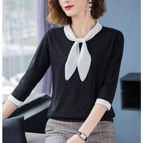 Knitted Tshirt Women 2021 Korean Style Elegant O Neck Knit Mercerized Cotton Bow T-shirts Woman Camisetas Feminina T Shirt Woman