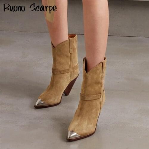 Metal Decor Pointed Toe Ankle Boots Genuine Leather Spike High Heel Slip-On Runway Shoes Retro Suede Women Cowboy Matiin Boots