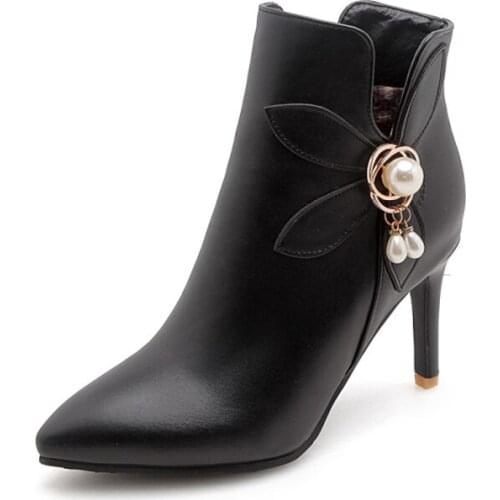 Big Size 11 12 13 14 15 16 17 Womens ankle boots with narrow heels and high Pointed Side zipper pearl flowers