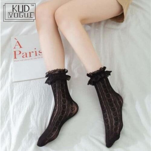 Lolita Sexy Lace Floral Women Socks Summer Hot Lace Ruffle Soft Pleats Elastic Fishnet Short Ankle Ladies Socks Black and White