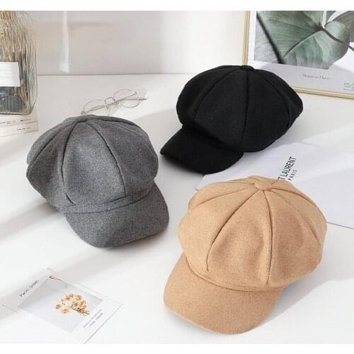 2021 New Spring Korea Style Woolen Octagonal Cap Khaki Black Gray Fashion Woman of Hats Soft and Comfortable Beret Hat Women