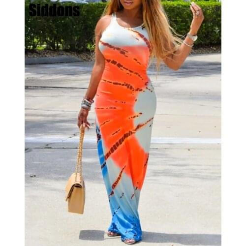 Summer Boho Style O Neck Tie Dye Print Sleeveless Casual Bodycon Maxi Dress Women Sexy Tank Vest Dress Beachwear Streetwear