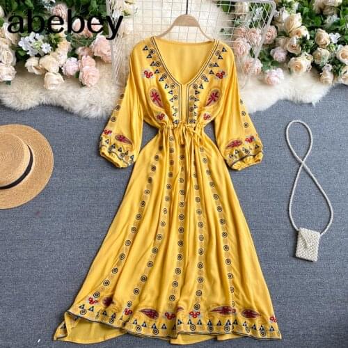 2021 Womens New Spring Vacation V-neck Empire Bow Puff Sleep Midi Dress