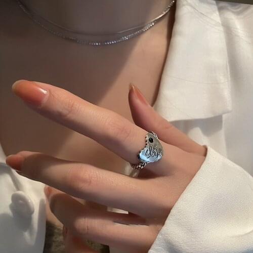 Vintage Love Chain Chunky Black Cubic Zirconia 925 Sterling Silver Adjustable Rings For Women Eternity Trendy Jewelr