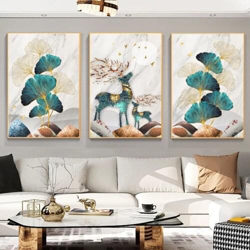 Abstract Nordic Green Leaf Gold Deer Oil Painting on Canvas Wall Pictures Home Cuadros Wall Art Poster Prints for Living Room