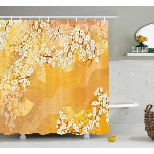 Asian Shower Curtain Japanese Cherry Blossom Sakura Tree Branches Ethnic Spiritual Blooms Artwork Home Decor Bathroom Curtains