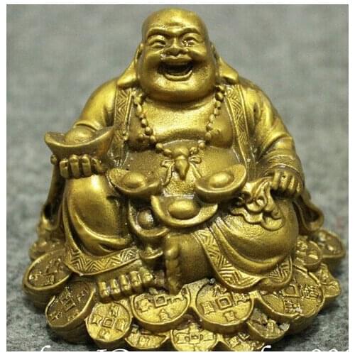Fast shipping Chinese Brass Buddhism Wealth Coin YuanBao Happy Laughing Maitreya Buddha Statue