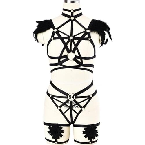 Feather Epaulettes Big Ring Harness Bra Gothic Body Harness Set Sexy Lingerie Elastic Adjust G-string Wedding Leg Garter Belt
