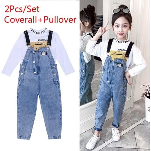 Kids 4-16 years two piece suit 2020 spring/autumn girls demin overalls and printed pullover top sweatshirt teen clothes clothing