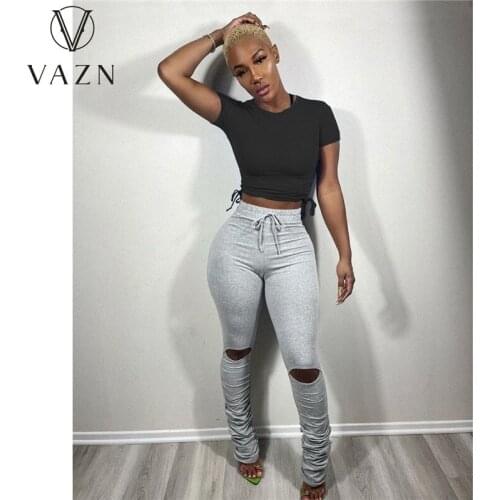 VAZN European and American Womens Casual Pants With Elasticated Waist Holes Tight Elastic Microspeakers Stacked Pants Wome