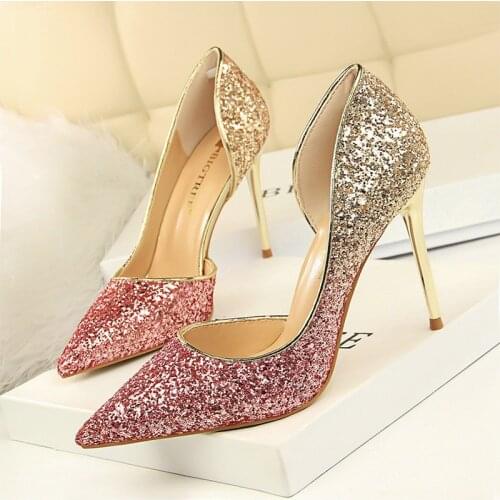 Gradient Womens Pumps Bling High Heel Shoes For Women Pointed Toe Stiletto 9.5cm Heels Ladies Shoes For Party Sexy Wedding Shoe