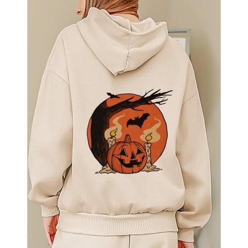 Cartoon Pumpkin Sweetshirts Funny Halloween Printed Hoodie Cotton Y2k Sweatshirt Women Casual Ladies Drop Shoulder Zip Up Jacket