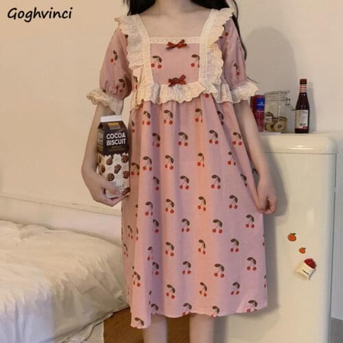 Nightgowns Women Square Collar Summer Ruffles Cherry-print BF Sweet Fashion Daily Casual Lovely Kawaii Chic Clothing Nightwear