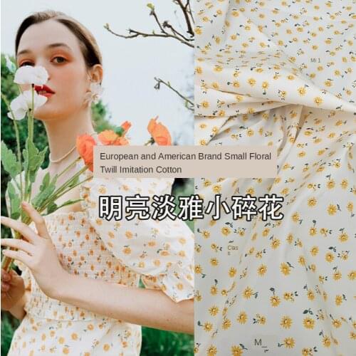 New European and American brand yellow fresh small floral twill printed fabric retro clothing skirt fabric 145*50CM