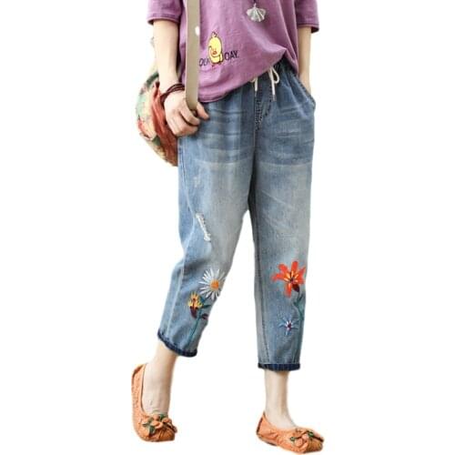 2020 New Fashion Summer Ladies Elastic Jeans Women Casual Floral Embroidery Denim Trousers Female Oversized Harem Pants Spodnie